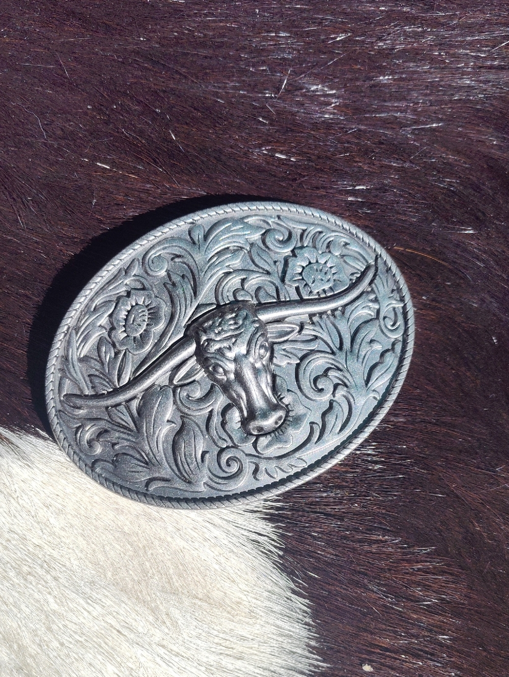 Western Longhorn Oval Belt Buckle - Silver Tone